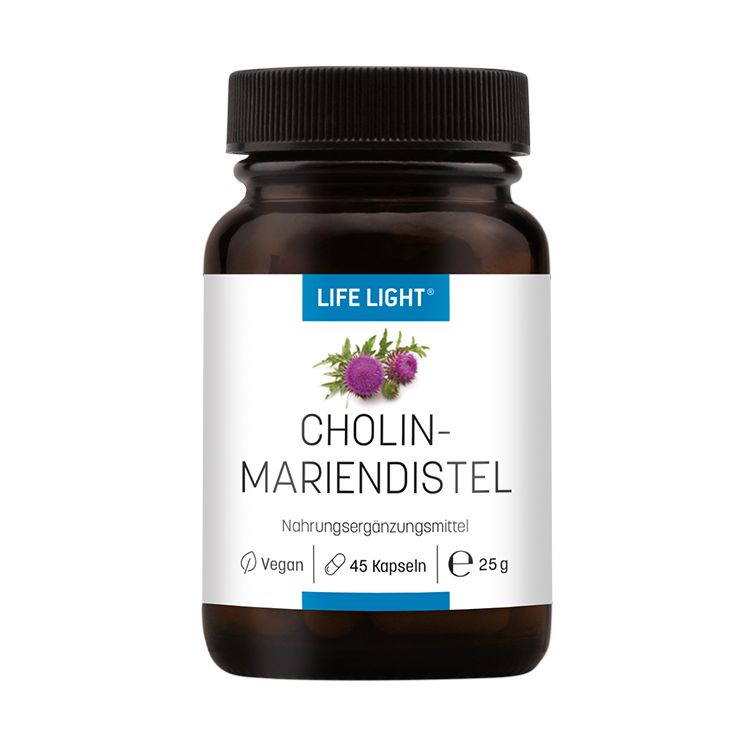 Braune Glasflasche mit schwarzem Deckel. Etikett mit Produktnamen und Logo. Enthält 45 Kapseln, 25g. Vegan.