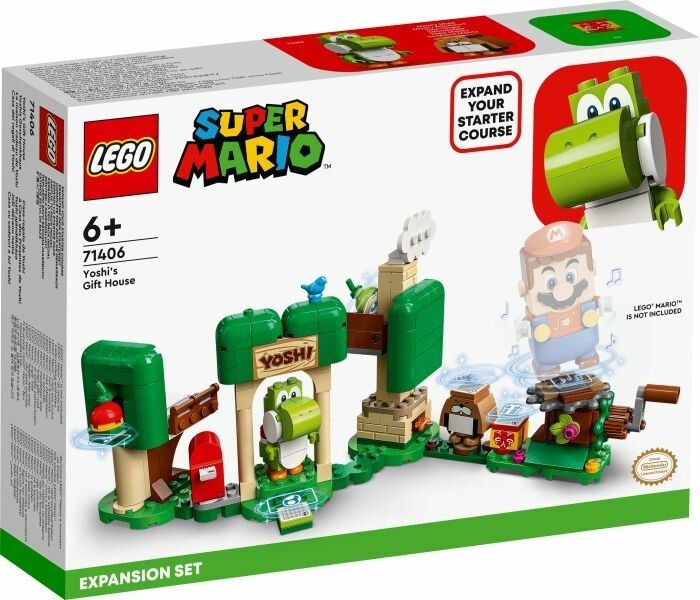 Set di espansione LEGO Super Mario, la casa dei regali di Yoshi. La confezione mostra un set di gioco assemblato con Yoshi, una figura di Mario e vari elementi di costruzione verdi e marroni. Include una figura di Yoshi, una casa, alberi e altri elementi. Adatto a bambini dai 6 anni in su.