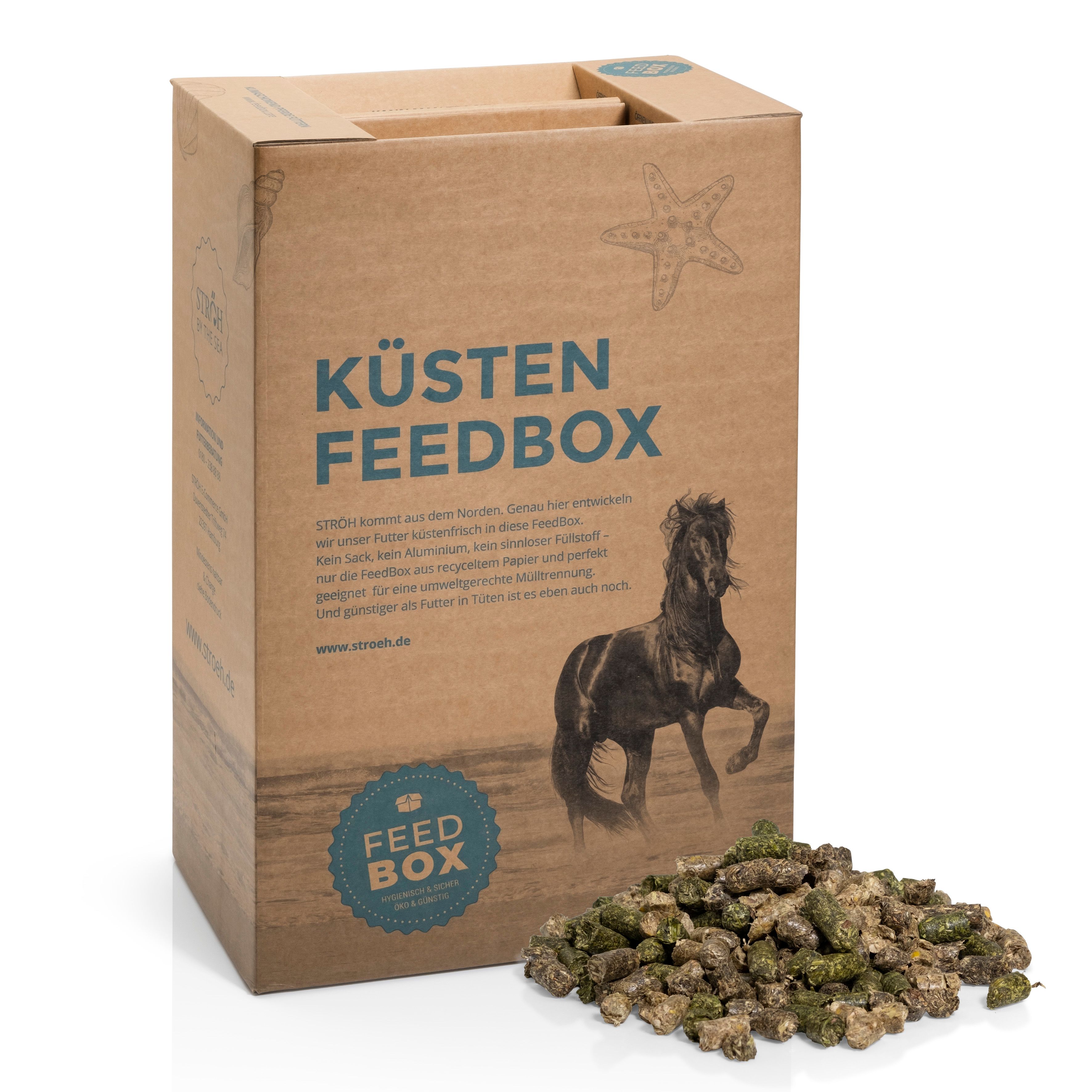 Kartonbox mit Aufdruck „KÜSTEN FEEDBOX“ und Pferdeillustration. Daneben Futterpellets.