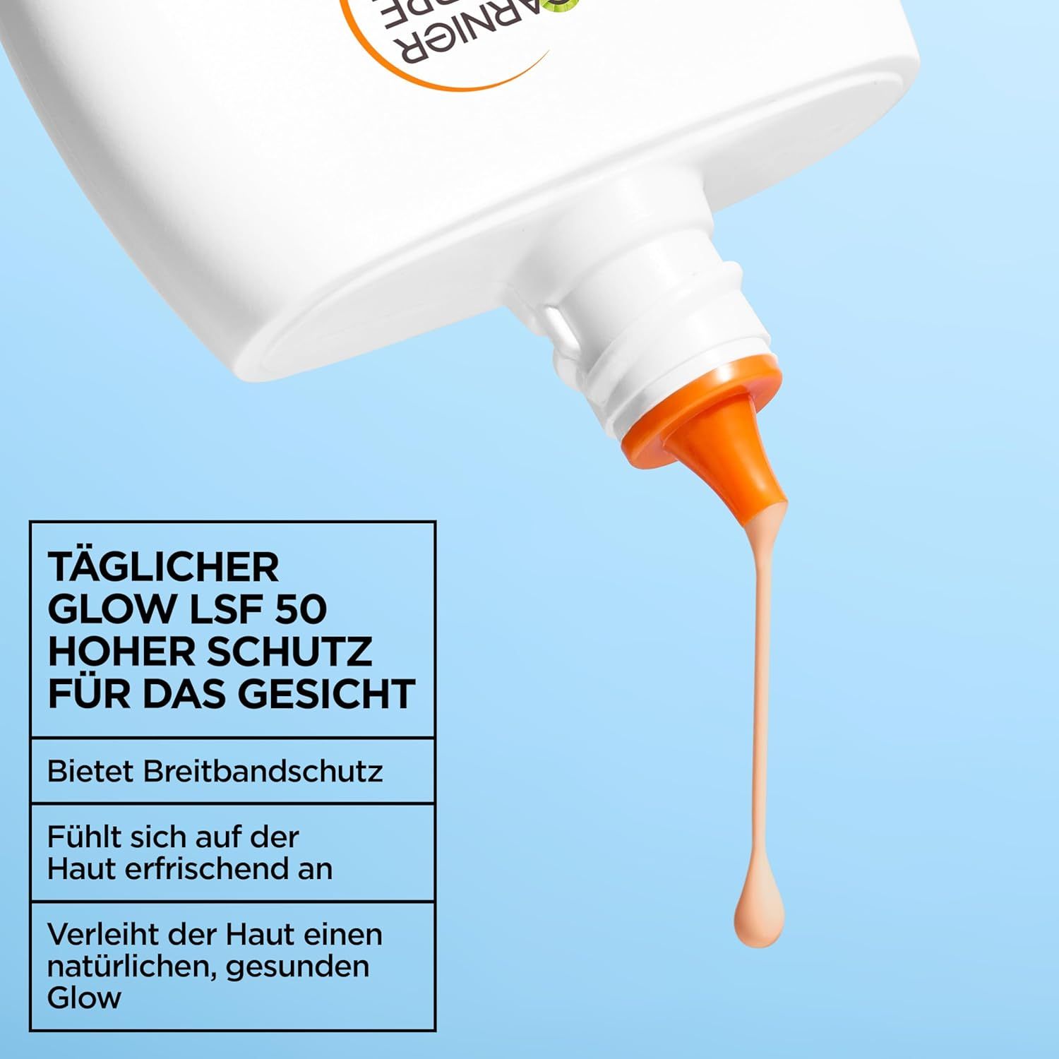 Produkt wird aus Flasche gedrückt. Text: Täglicher Glow LSF 50, hoher Schutz für das Gesicht. Bietet Breitbandschutz.
