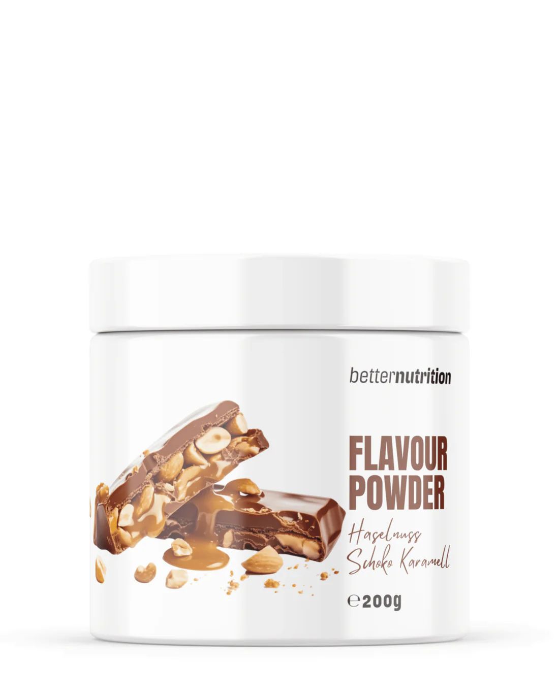 Weißes Behältnis mit Schokoladenstückchen und Aufschrift FLAVOUR POWDER. Haselnuss Schoko Karamell. Marke better nutrition.