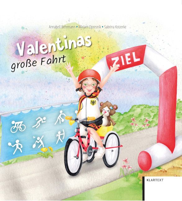 Buchcover: Illustration von "Valentinas große Fahrt". Mädchen auf Fahrrad unter Zielbogen. Titel und Autorennamen sichtbar.