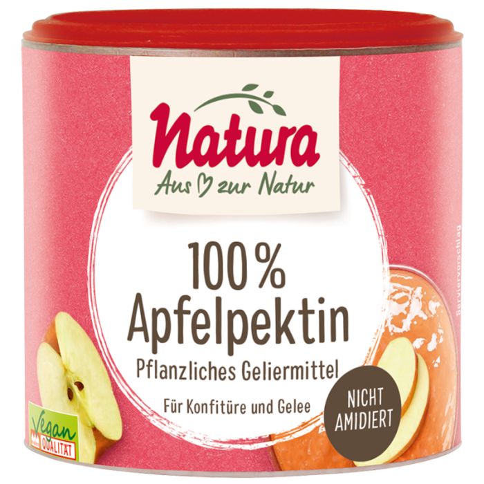 Rote Dose mit "Natura Apfelpektin". Aufschrift "100% Apfelpektin". Vegan-Siegel.
