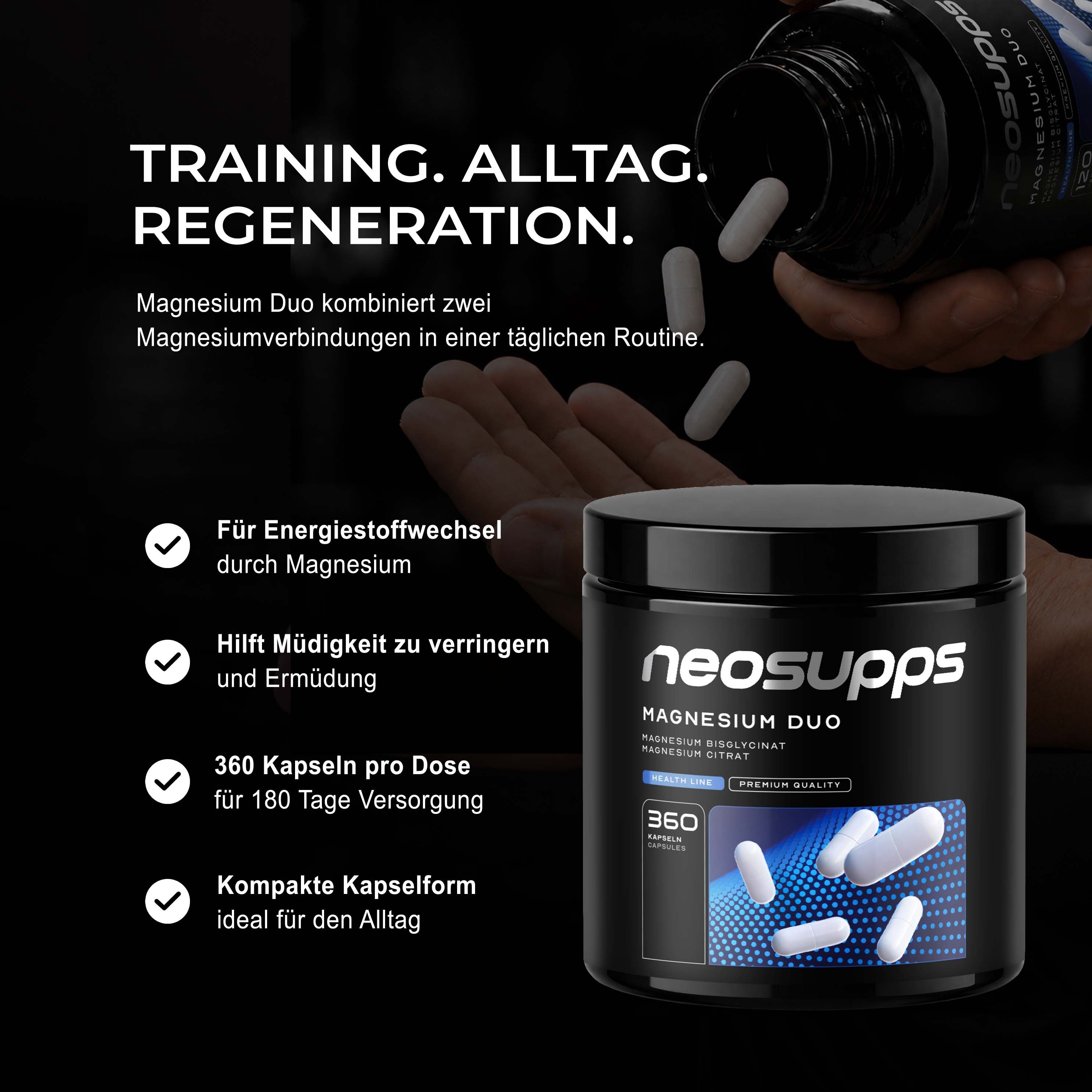 Neosupps Magnesium Duo Dose mit 360 Kapseln. Für Energie, gegen Müdigkeit.