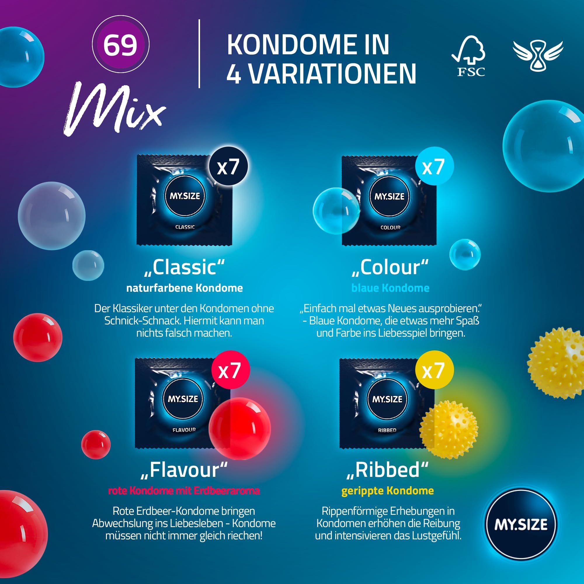 Packung mit 69 Kondomen in 4 Variationen: Classic, Colour, Flavour, Ribbed.
