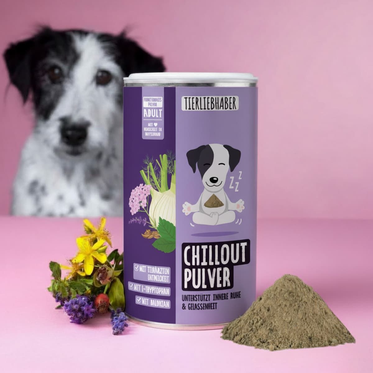 Dose Tierliebhaber Chillout Pulver mit Hundemotiv und Kräutern.
