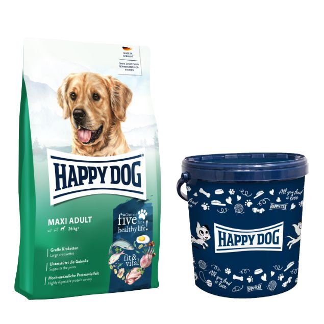 Hundefutter-Packung und Eimer. Packung mit Hundefoto, Schriftzug "HAPPY DOG MAXI ADULT". Eimer mit "HAPPY DOG" und Mustern.