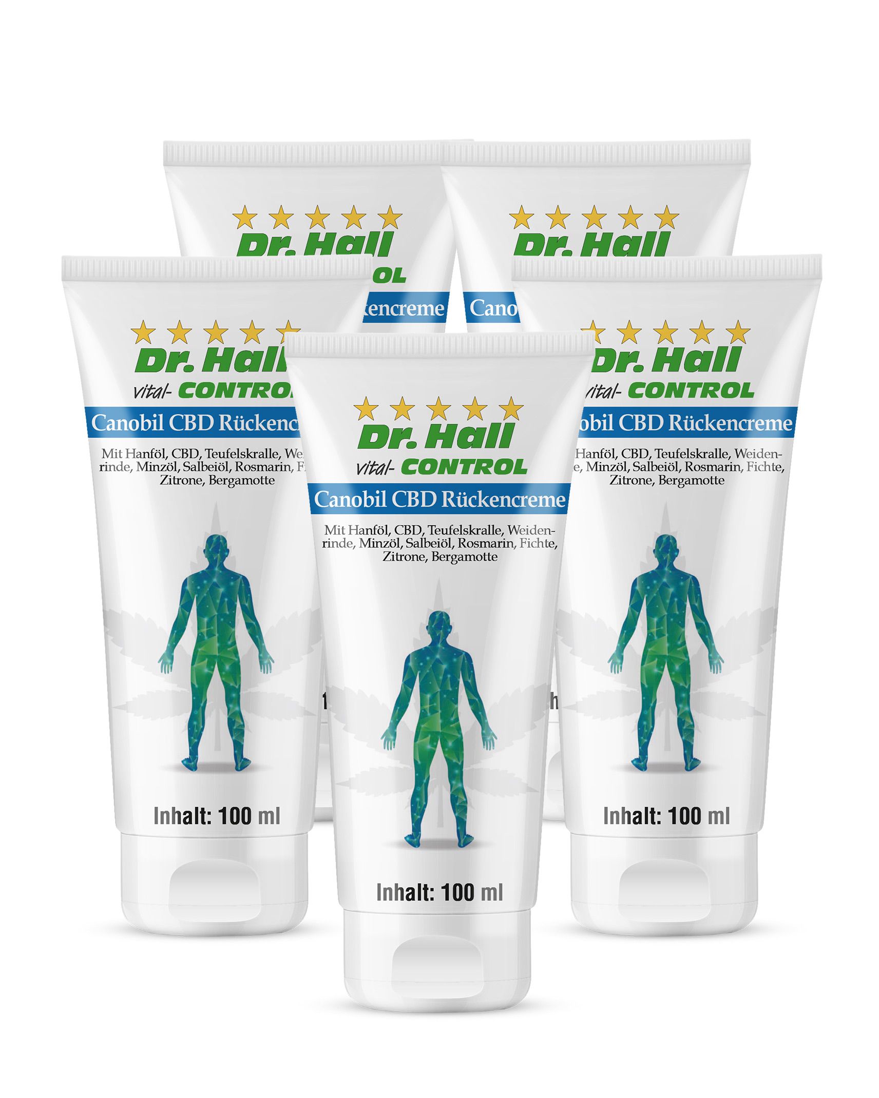 Fünf weiße Tuben mit grüner und blauer Grafik. Auf jeder Tube steht "Dr. Hall Vital-CONTROL Canobil CBD Rückencreme".