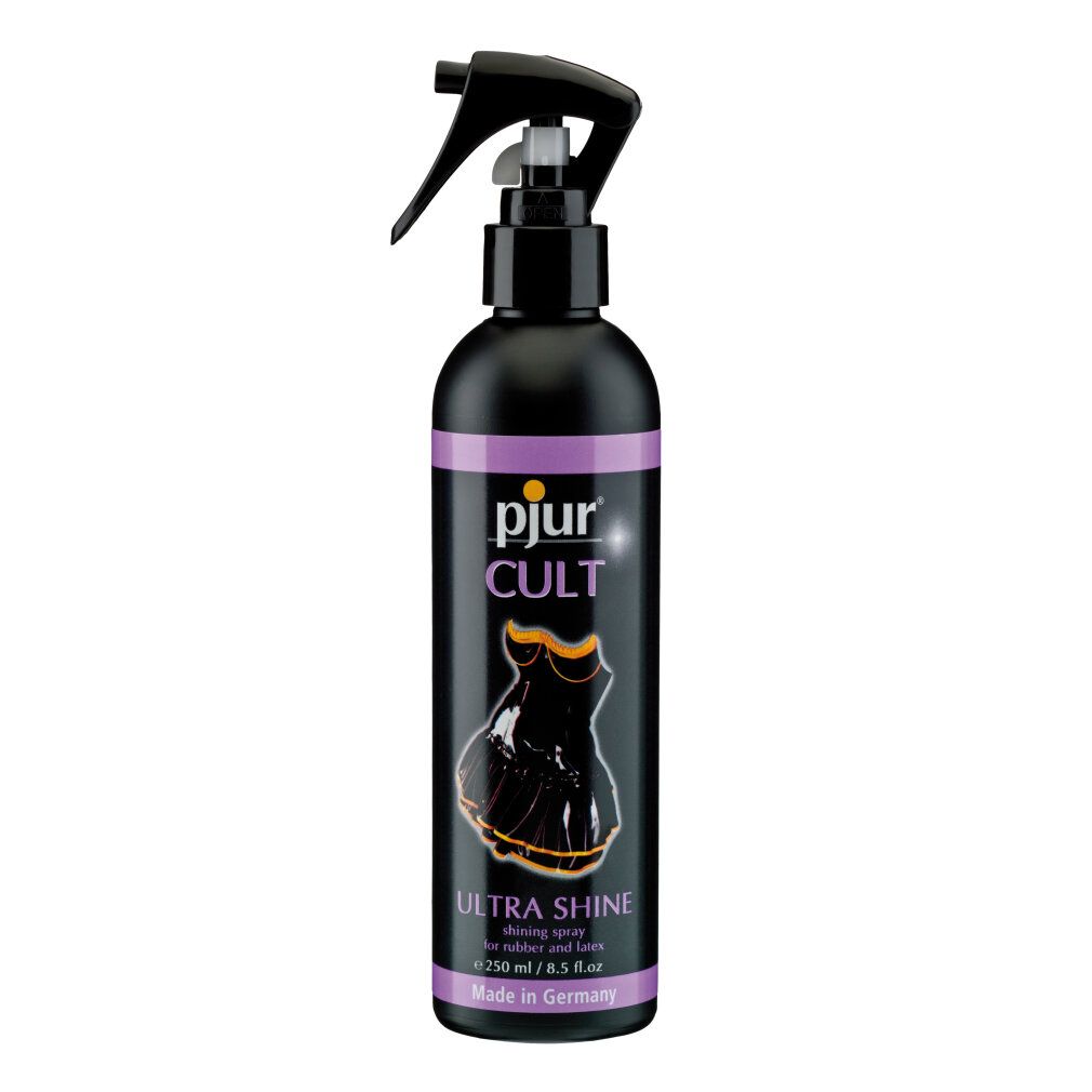 Schwarze Sprühflasche mit schwarzem Sprühkopf. Aufschrift: Pjur Cult Ultra Shine. Abbildung eines Kleides.