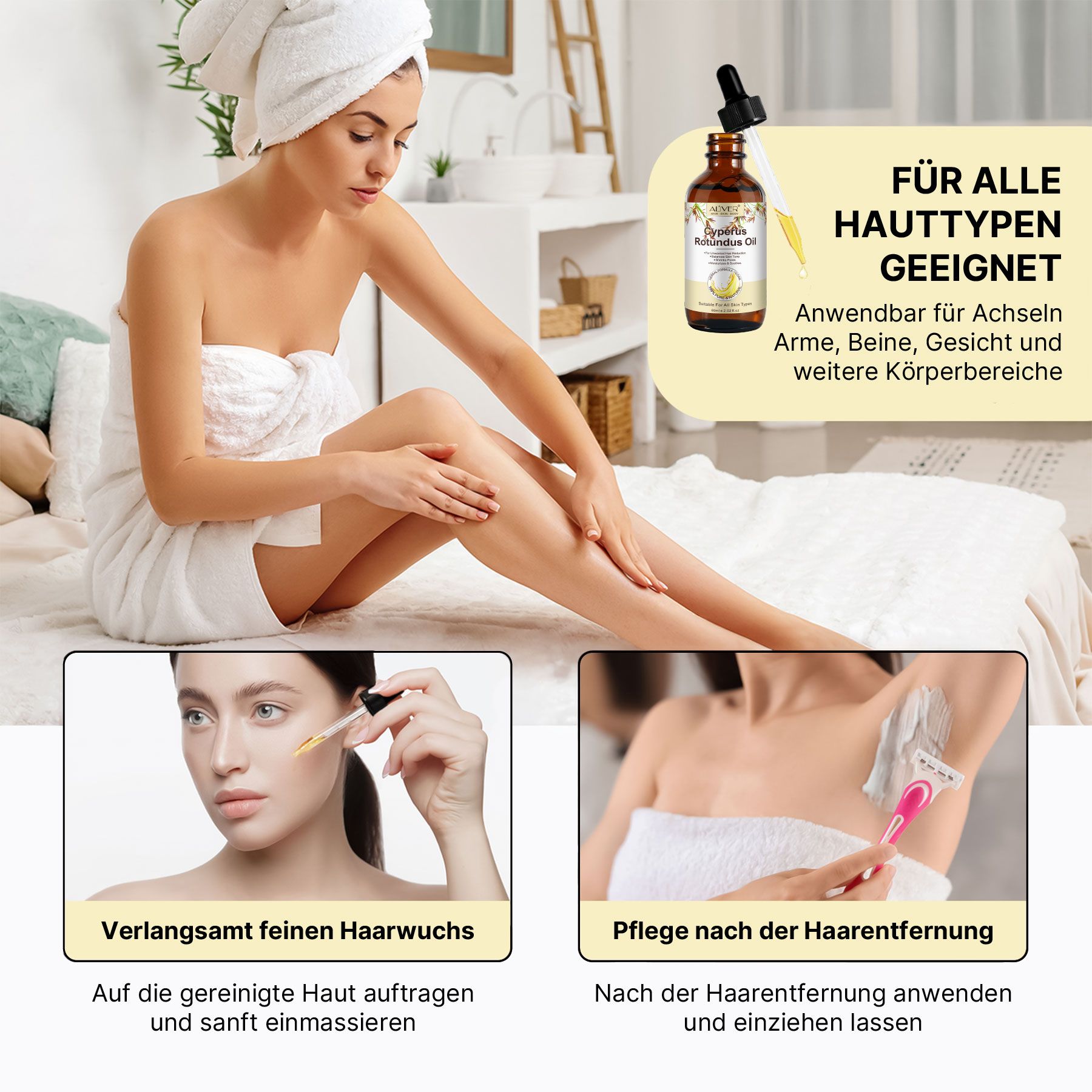 Frau nach der Rasur; Anwendung von Aliver Cyperus Rotundus Öl auf der Haut.
