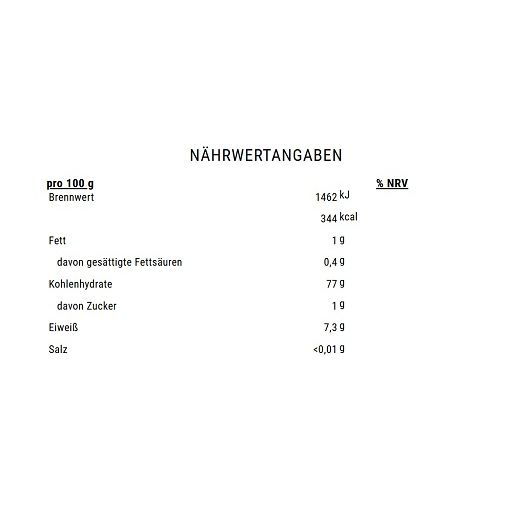 Nährwertangaben auf weißem Hintergrund. Text in schwarzer Schrift. Enthält Informationen zu Brennwert, Fett, Kohlenhydrate, Zucker, Eiweiß und Salz.