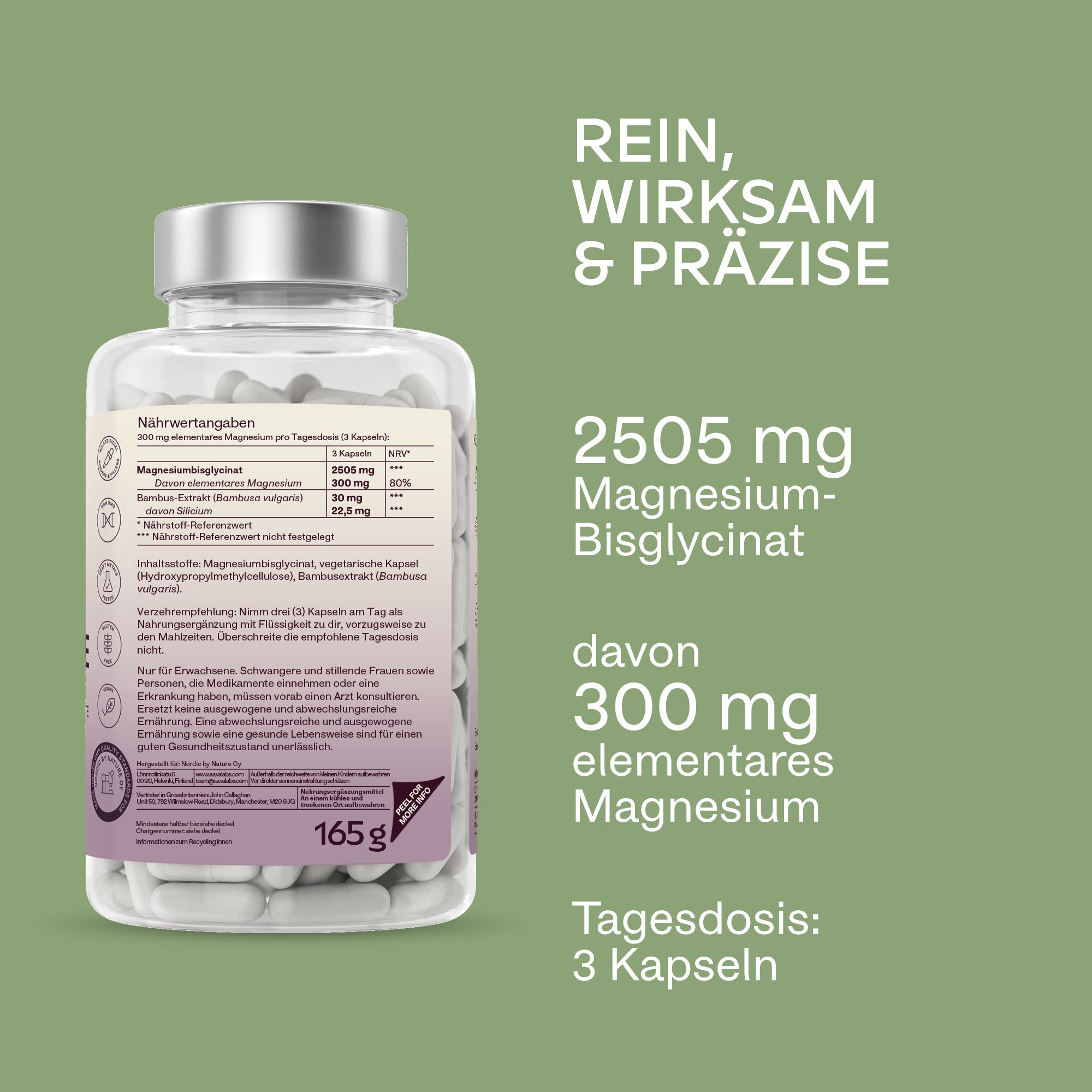 Rückseite der Flasche mit Kapseln. Aufschrift: Nährwertangaben. 165 g. Tagesdosis: 3 Kapseln. 300 mg elementares Magnesium.