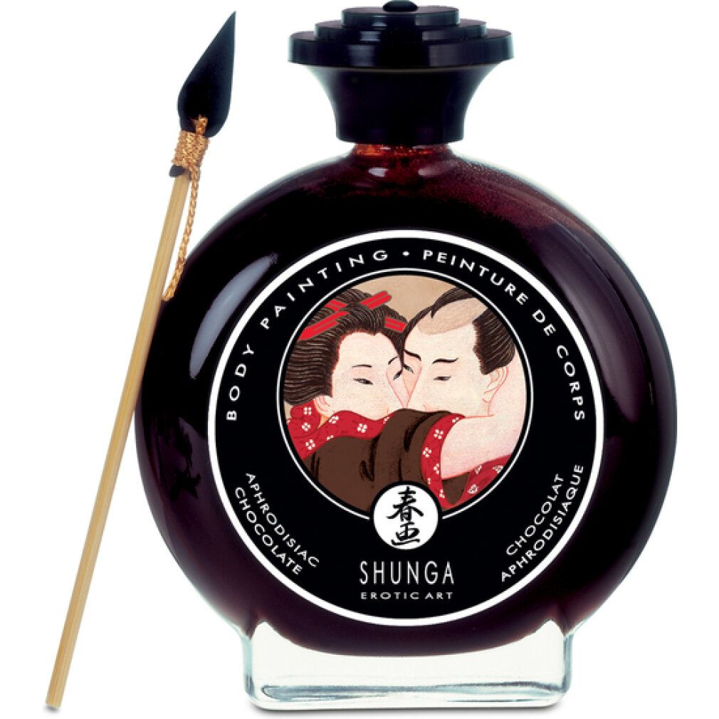 Runde Flasche mit dunkler Flüssigkeit. Etikett mit Paar-Illustration und Schriftzug SHUNGA. Mit Applikator.