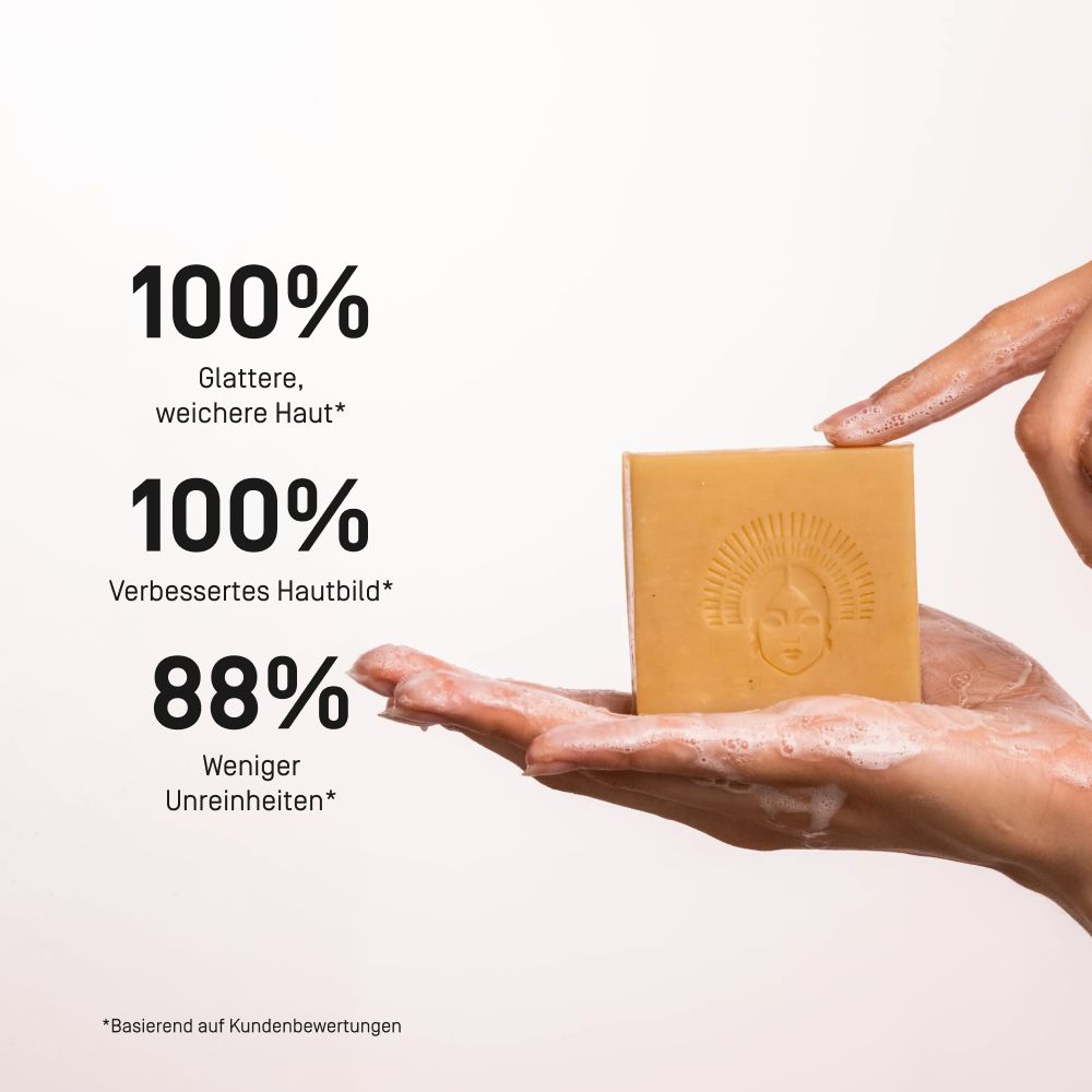 Viva Maia Nourishing Bar: Hand hält Seife. Ergebnisse: 100% glattere, weichere Haut, 88% weniger Unreinheiten.