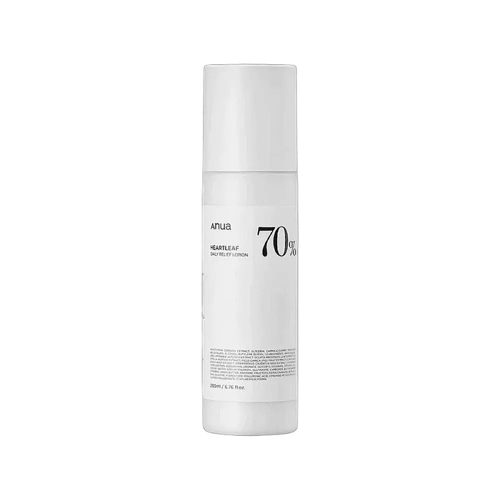 Weiße Flasche ANUA Heartleaf 70% Daily Releaf Lotion mit schwarzem Aufdruck.