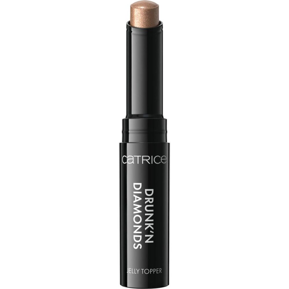 Catrice Drunk'n Diamonds Jelly Lidschatten-Topper. Schwarze Hülse, goldfarbener Topper. Produktname und Marke sichtbar.