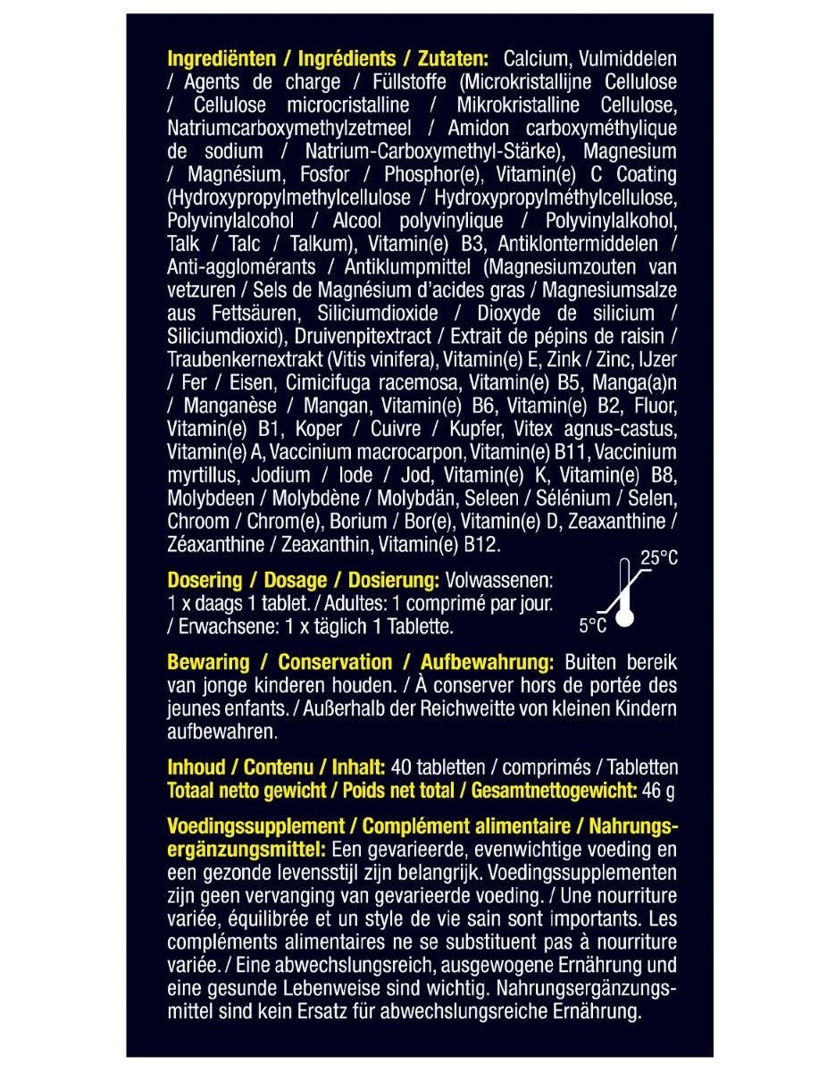 Inhaltsstoffliste auf blauem Hintergrund. Enthält Informationen zu Zutaten, Dosierung und Warnhinweisen. Text in mehreren Sprachen.
