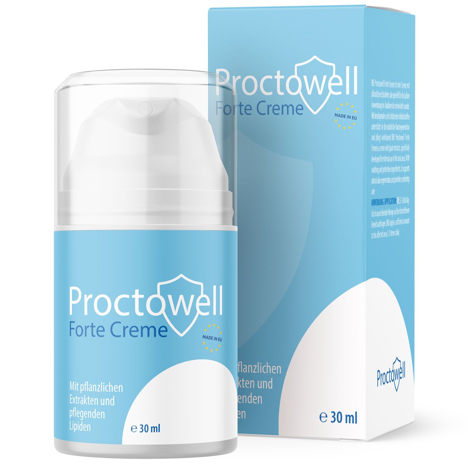 Creme-Spender mit Verpackung. Blaue Etiketten mit Produktnamen und Logo. Text: Proctowell Forte Creme, e 30 ml. Made in EU.