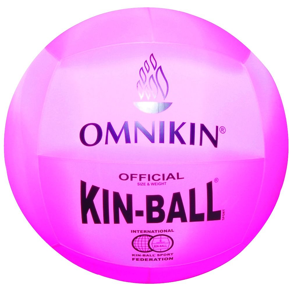Pinkfarbener Kin-Ball-Ball. Schwarze Schriftzüge: OMNIKIN, KIN-BALL, OFFICIAL, Logo. Weltkugel-Logo.