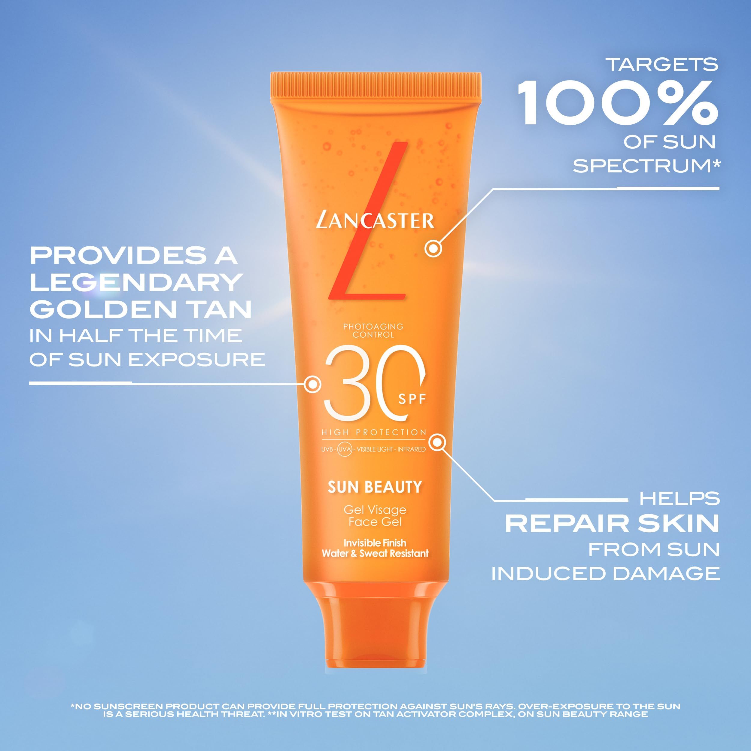 Sonnencreme-Tube. Beschriftung: Lancaster, SPF 30, Sun Beauty, Gel Visage Face Gel.