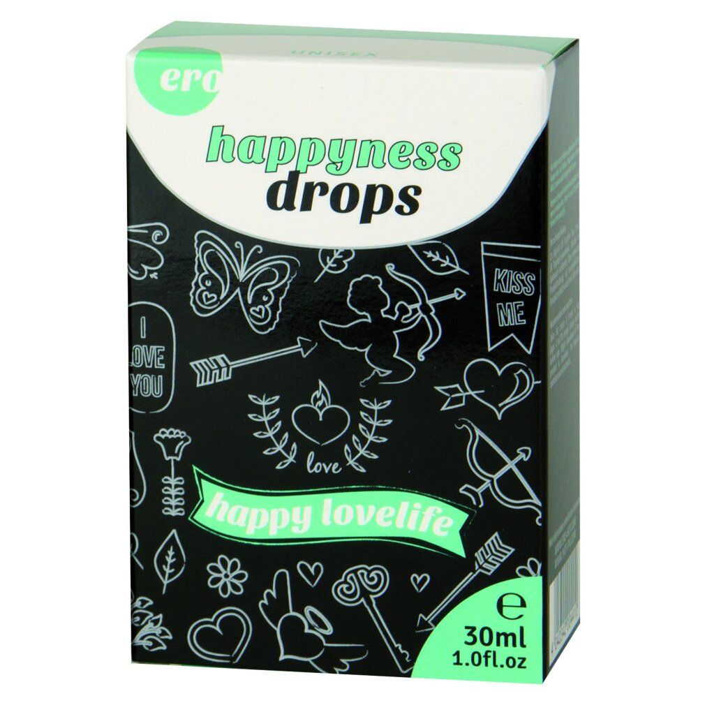 Verpackung 'happiness drops'. Schwarze Box mit Mustern, Pfeilen, Herzen und Schmetterlingen.