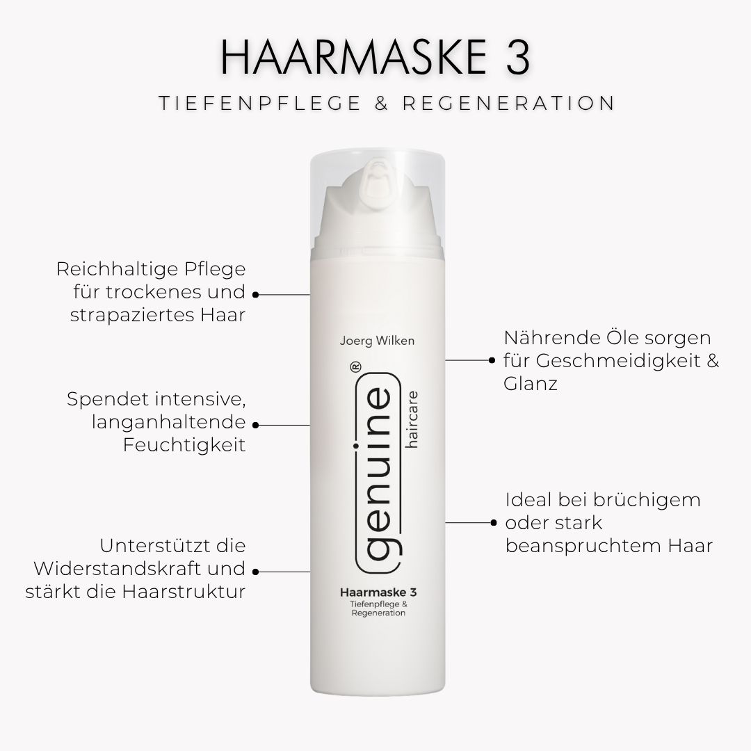 Produktflasche mit Texten: Haarmaske 3, Tiefenpflege & Regeneration. Texte: Reichhaltige Pflege, spendet Feuchtigkeit, stärkt Haarstruktur.