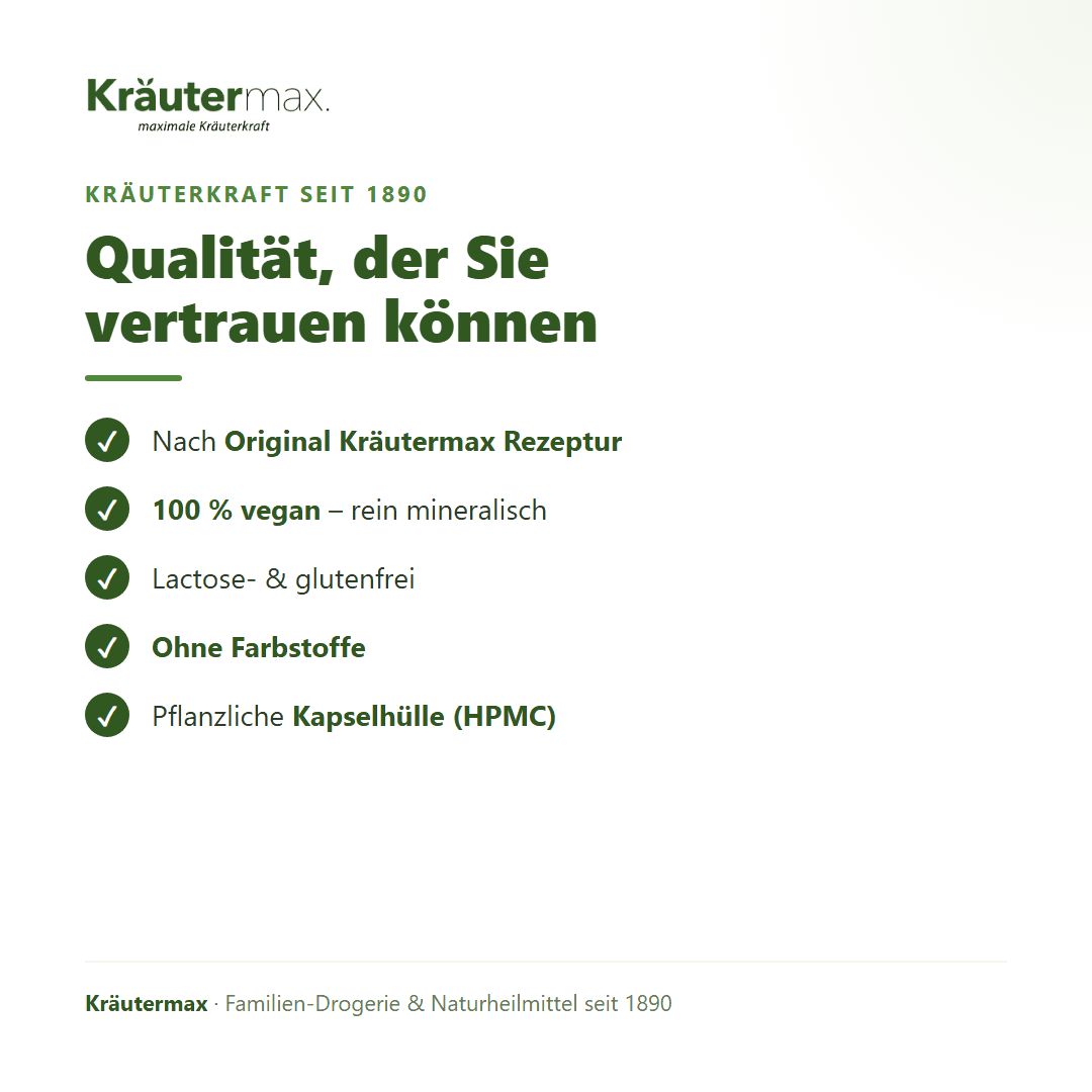 Vorteile von Kräutermax Kieselerde: Nach Rezept, 100% vegan, laktose-/glutenfrei, ohne Farbstoffe.