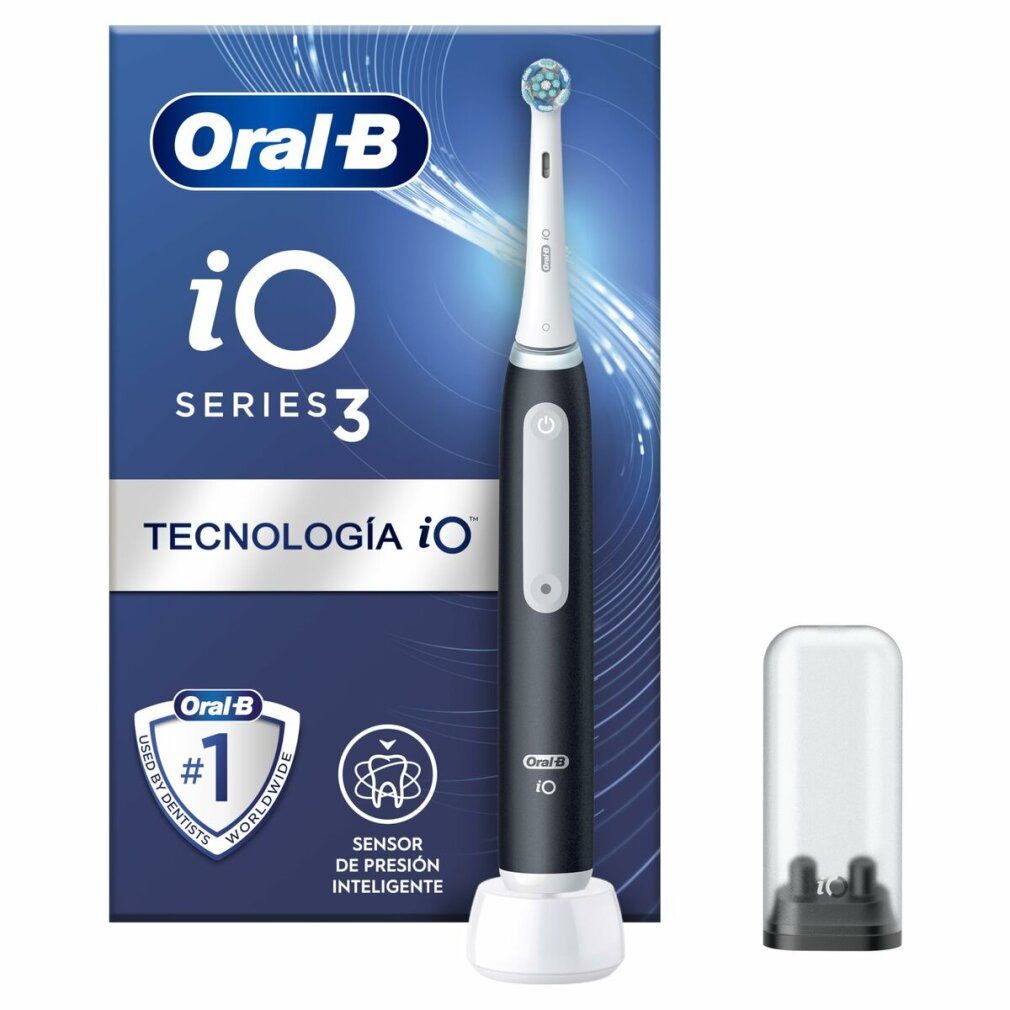 Elektrische Zahnbürste Oral-B iO Series 3, schwarz. Mit Ladestation und Bürstenkopfschutz. Verpackung im Hintergrund.