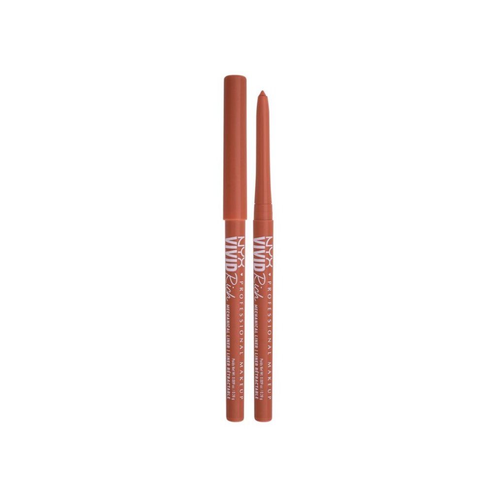 Zwei NYX Professional Makeup Eyeliner-Stifte, mechanisch, Farbe #03. Zylindrische Form, braune Farbe, weißer Schriftzug.