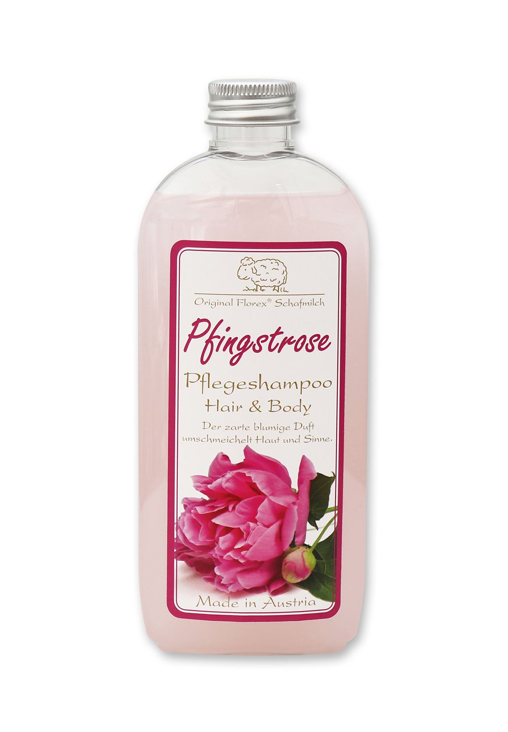 Flasche mit rosa Flüssigkeit. Etikett mit Pfingstrose, Text und Schaf-Symbol. Made in Austria.