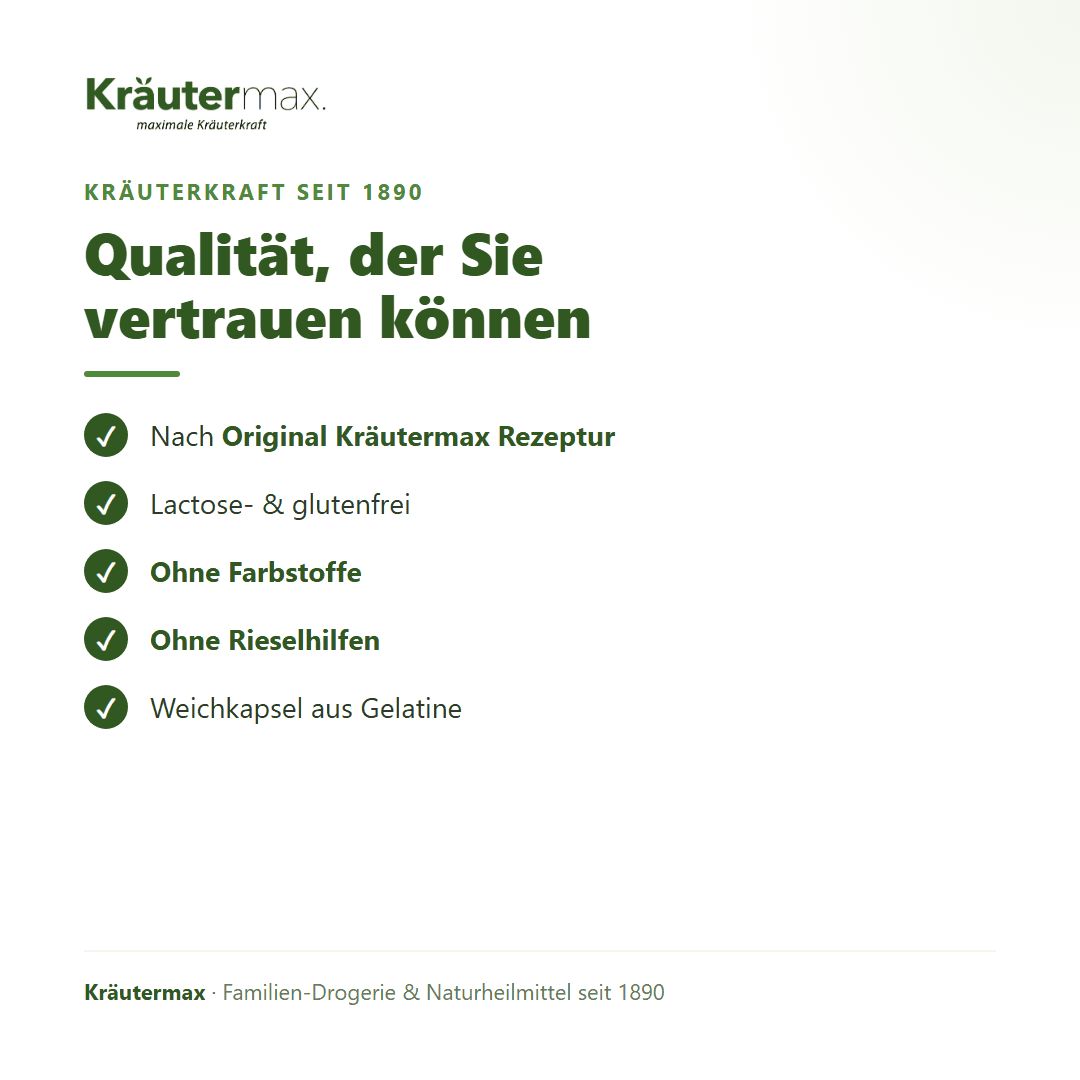 Kräutermax Qualität: Nach Originalrezeptur, Laktose- & glutenfrei, ohne Farbstoffe, ohne Rieselhilfen, Weichkapsel aus Gelatine.