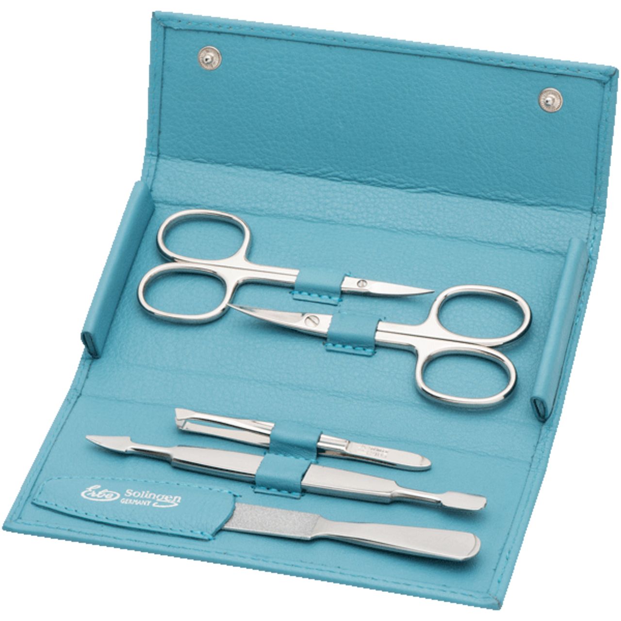 Etui mit Maniküre-Set. Enthalten: Schere, Nagelfeile, Hautschieber und Pinzette. Blaues Lederetui mit Druckknopfverschluss.