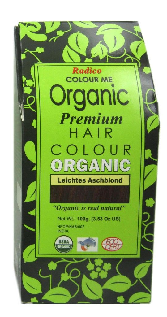 Verpackung von Radico Haarfarbe. Grün-schwarzes Design mit Schriftzug "Organic". Enthält "Leichtes Aschblond". USDA Organic-Siegel.