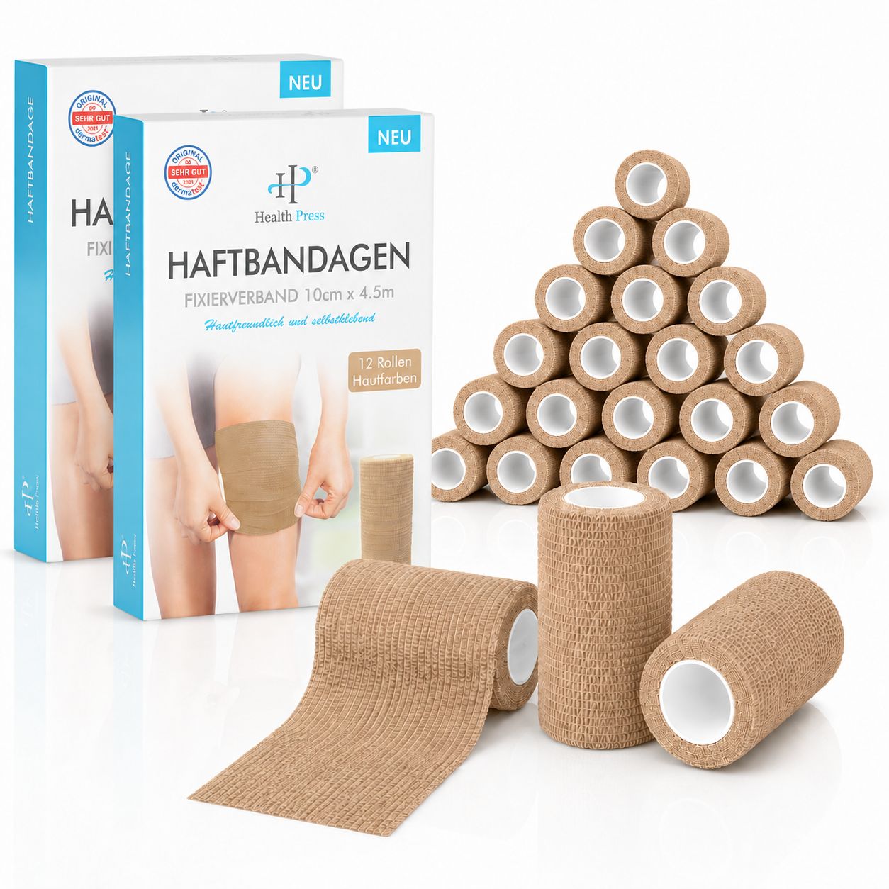Zwei Packungen Haftbandagen, 12 Rollen, 10cm x 4,5m, Fixierverband.