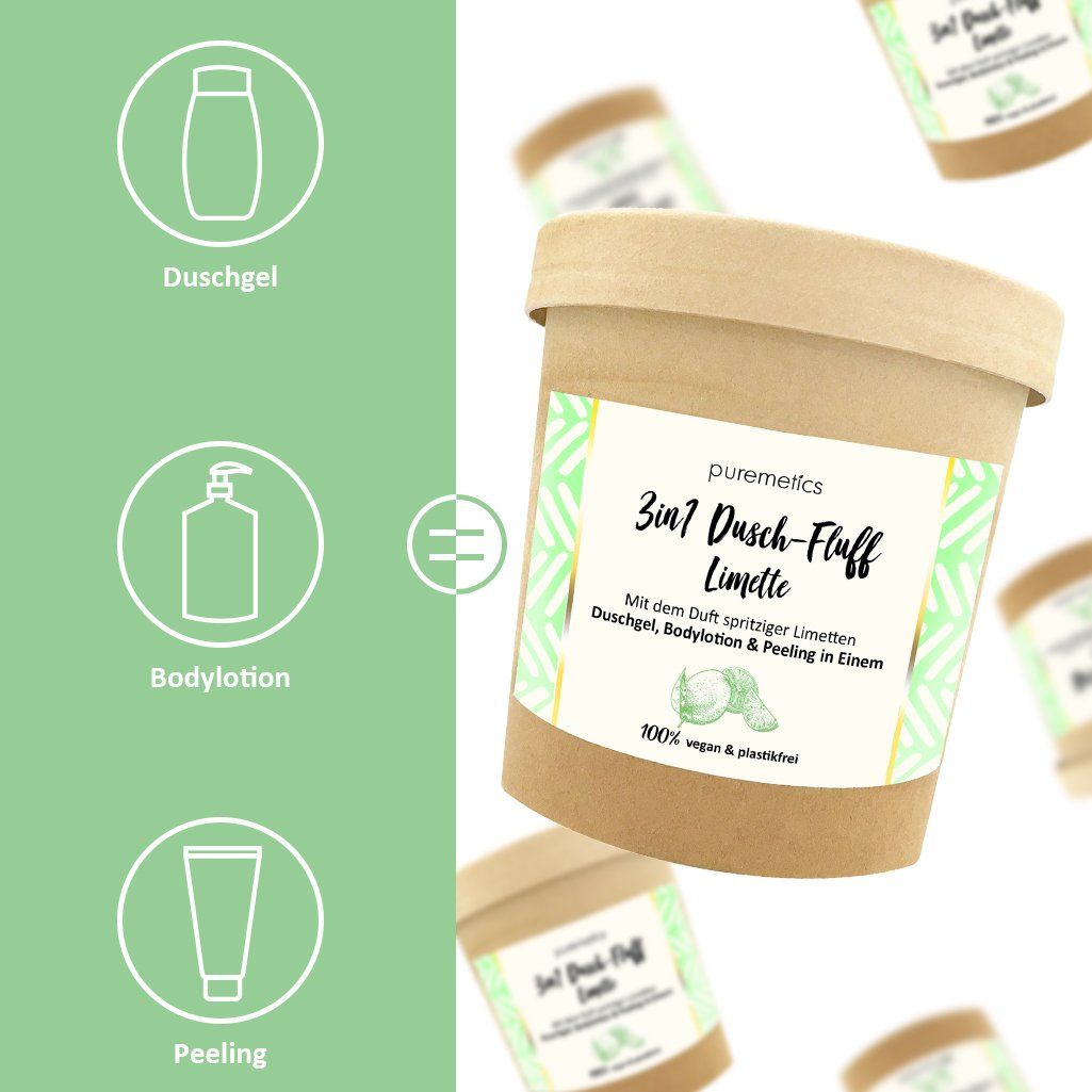 Diversi contenitori di prodotto con etichetta. Scritta: 3in1 Dusch-Fluff Limette. Icone per gel doccia, lozione e peeling.