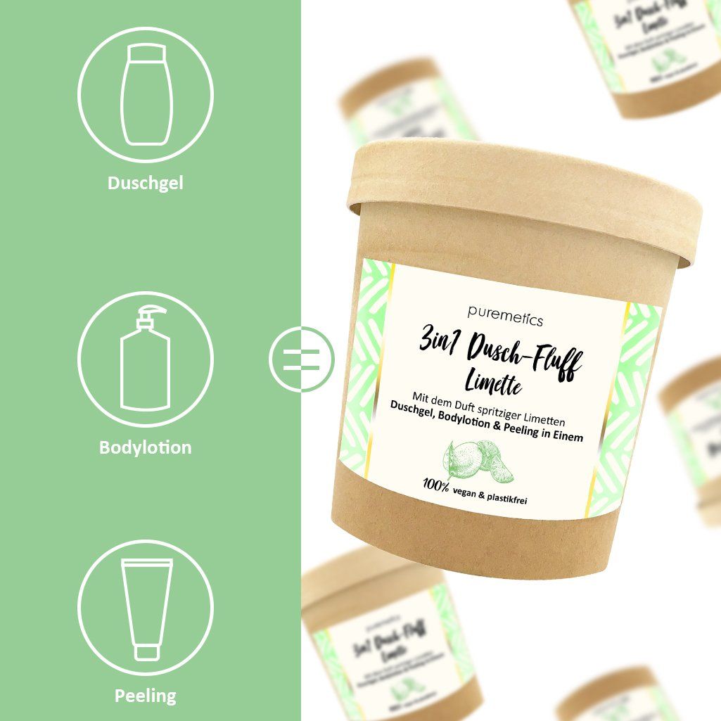 puremetics - 3-in-1 Dusch-Fluff mit Meersalzpeeling 'Limette' 250 g