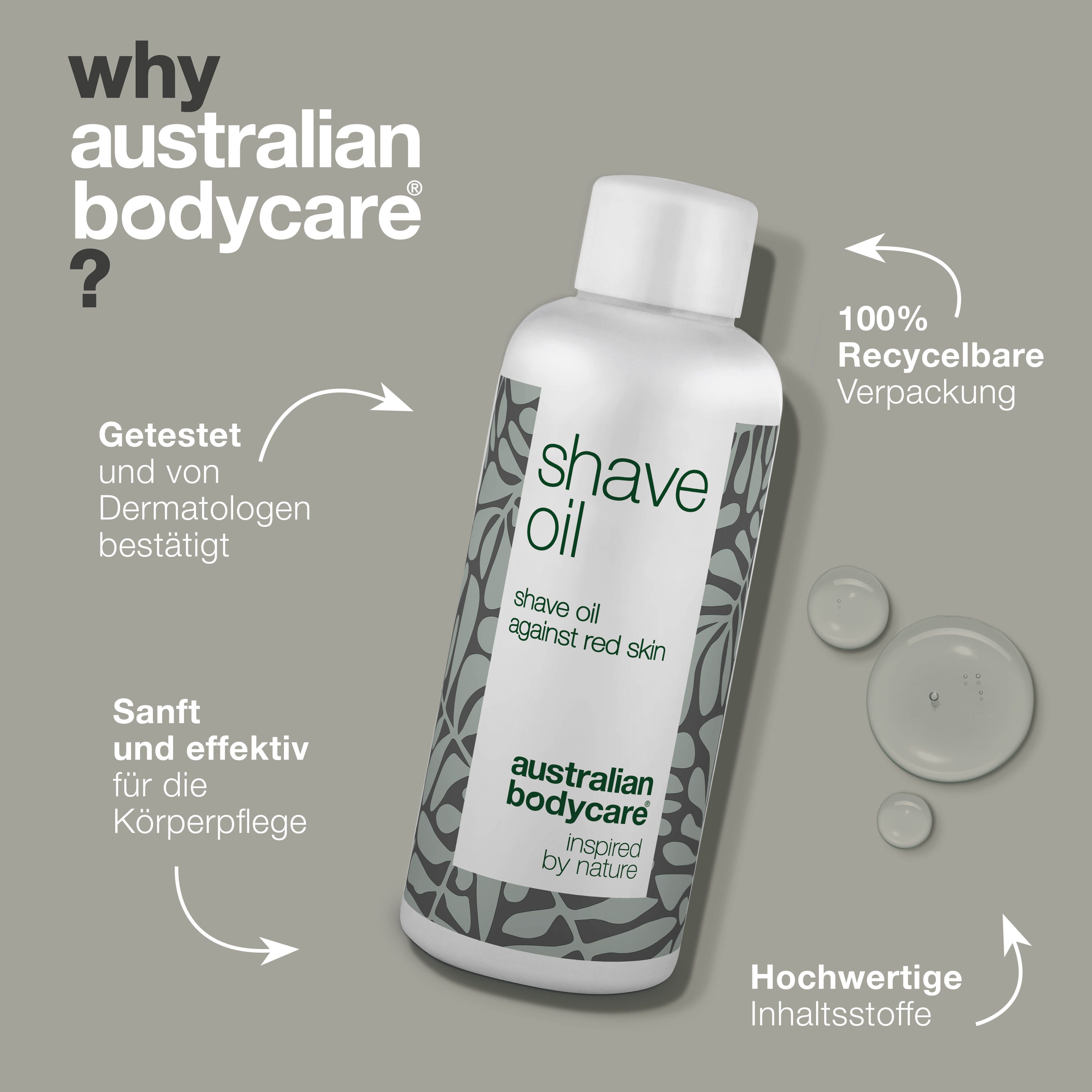 Flasche „Shave Oil“. Text: Getestet von Dermatologen. 100% recycelbare Verpackung. Hochwertige Inhaltsstoffe.