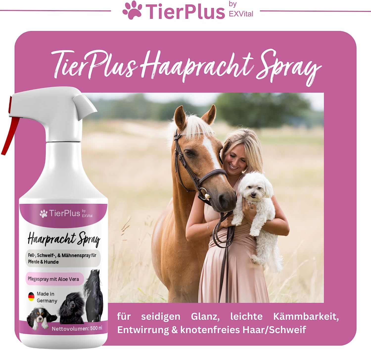 EXVital® Haarpracht Fell-, Schweif-, & Mähnenspray für Hund Pferd 500 ml Flüssigkeit