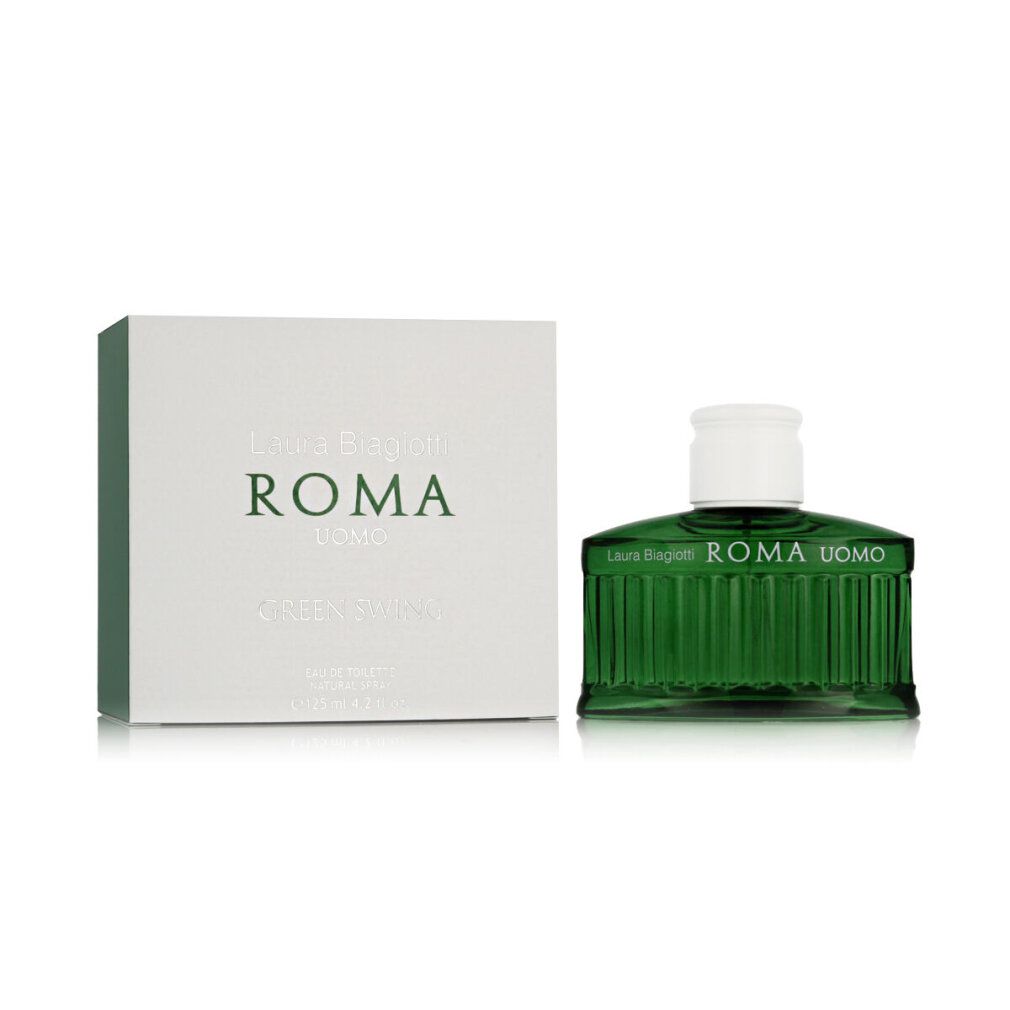 Grüne Glasflasche Laura Biagiotti Roma Uomo Eau de Toilette mit weißem Verschluss.