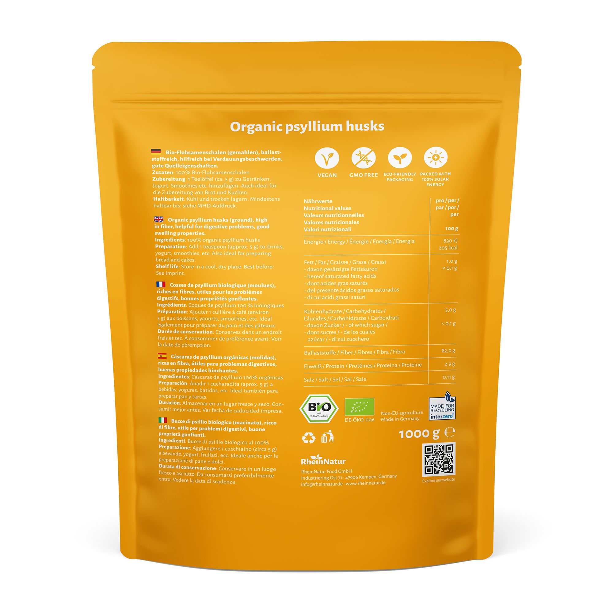 Rückseite eines gelben Standbeutels. Text mit Nährwertangaben und Bio-Siegel. 1000g-Angabe.