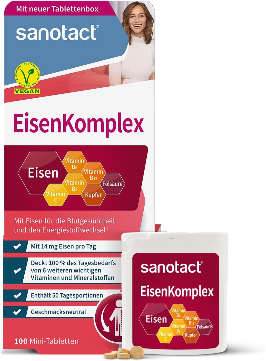 sanotact EisenKomplex-Packung. Weiße Dose und Tabletten. Text: Mit Eisen für die Blutgesundheit und den Energiestoffwechsel. Enthält 50 Tagesportionen.