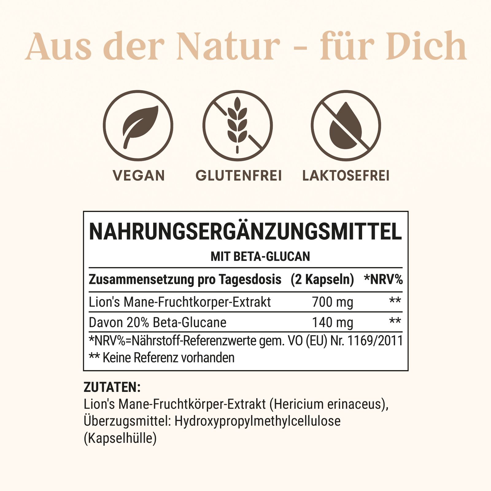 Nahrungsergänzungsmittel-Etikett mit Informationen zu SHROOMY Lions Mane. Enthält Angaben zu Inhaltsstoffen und Nährwerten.