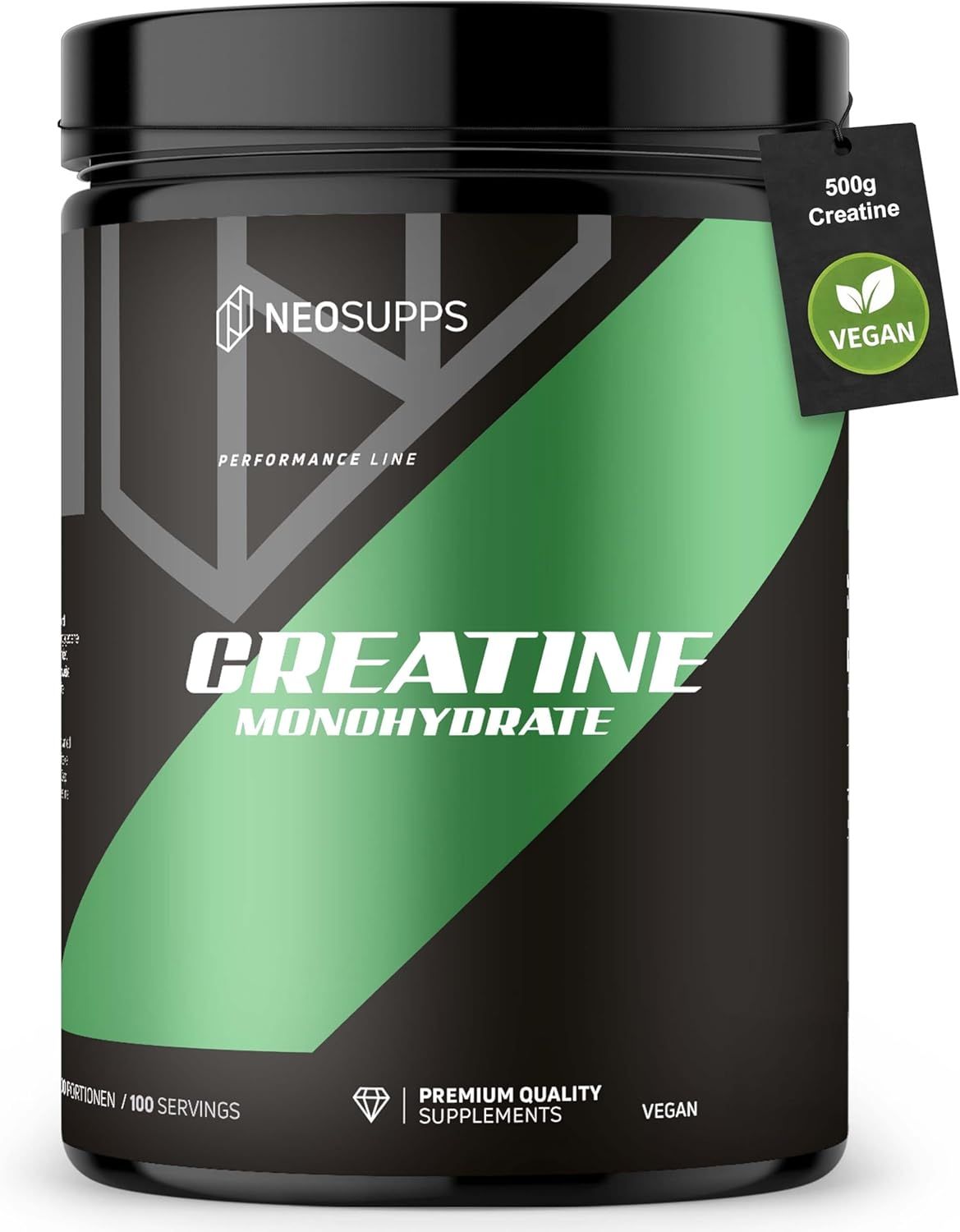 Schwarze Dose mit grünem Etikett. Aufschrift: Creatine Monohydrate. Marke: Neosupps. Anhänger: Vegan. Text: 500g Creatine.