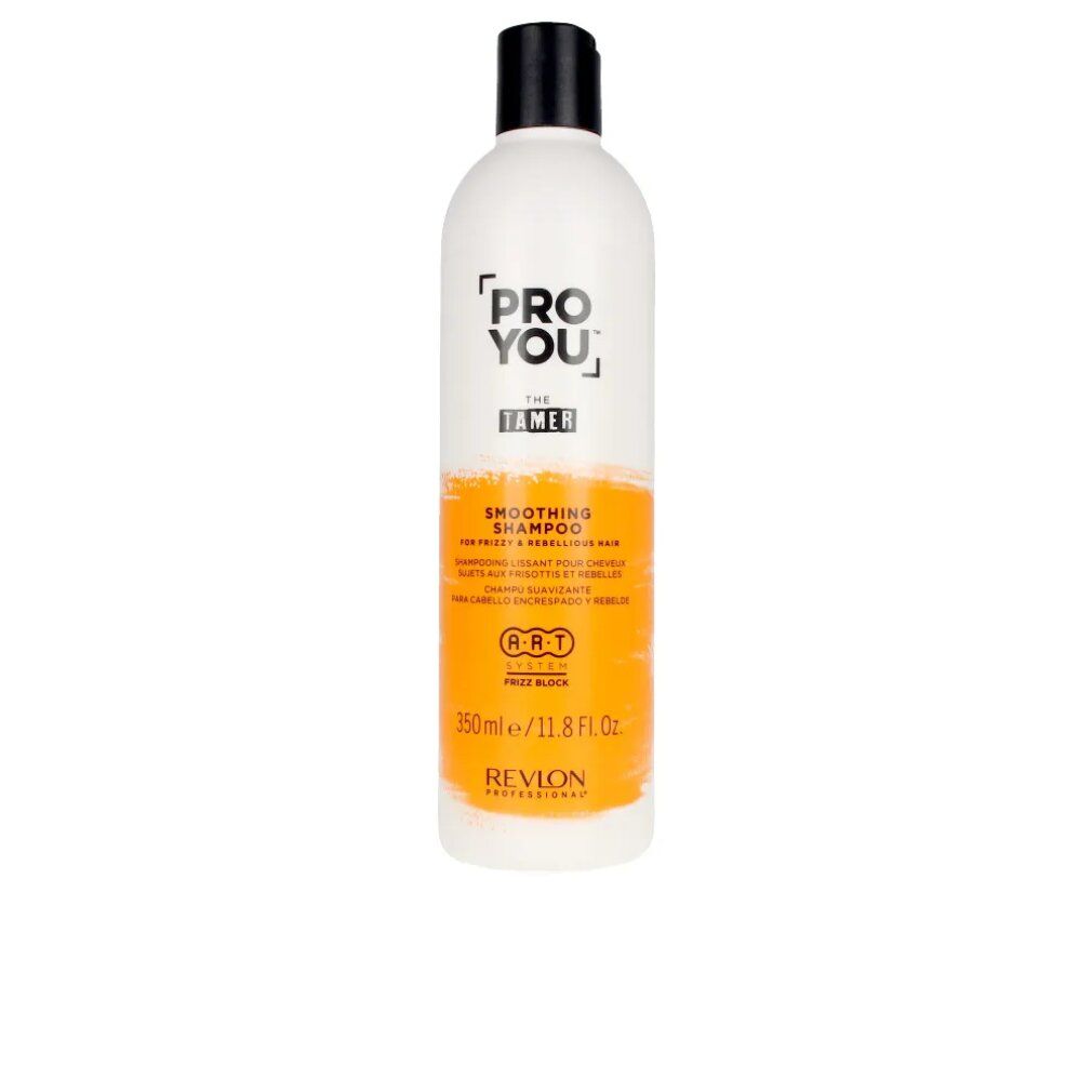 Weiße Flasche mit schwarzem Deckel. Aufschrift: PRO YOU THE TAMER, Smoothing Shampoo. Marke: Revlon. Orangefarbener Streifen.
