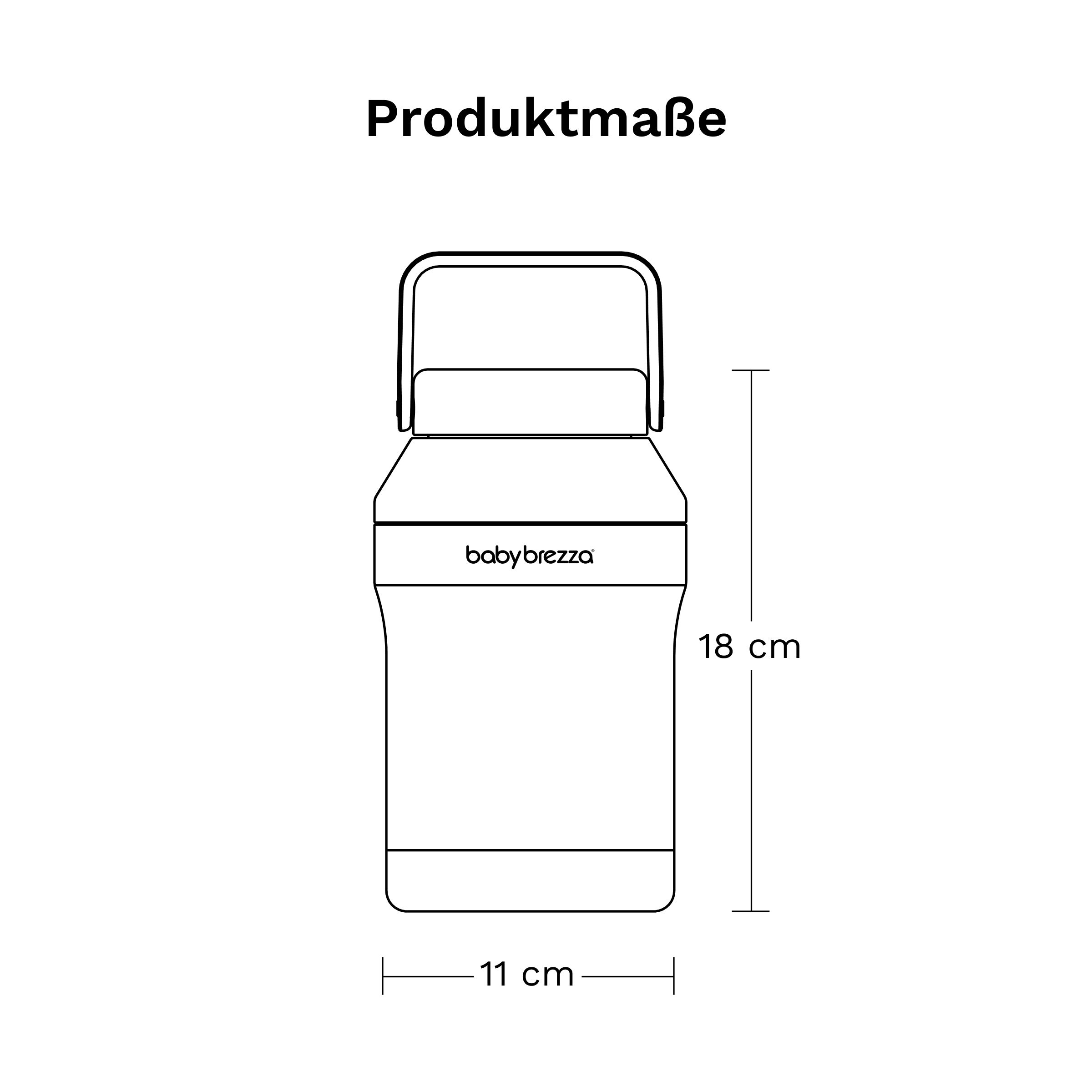 Schema einer Thermosflasche mit Maßen: 18 cm Höhe, 11 cm Breite. Baby Brezza.