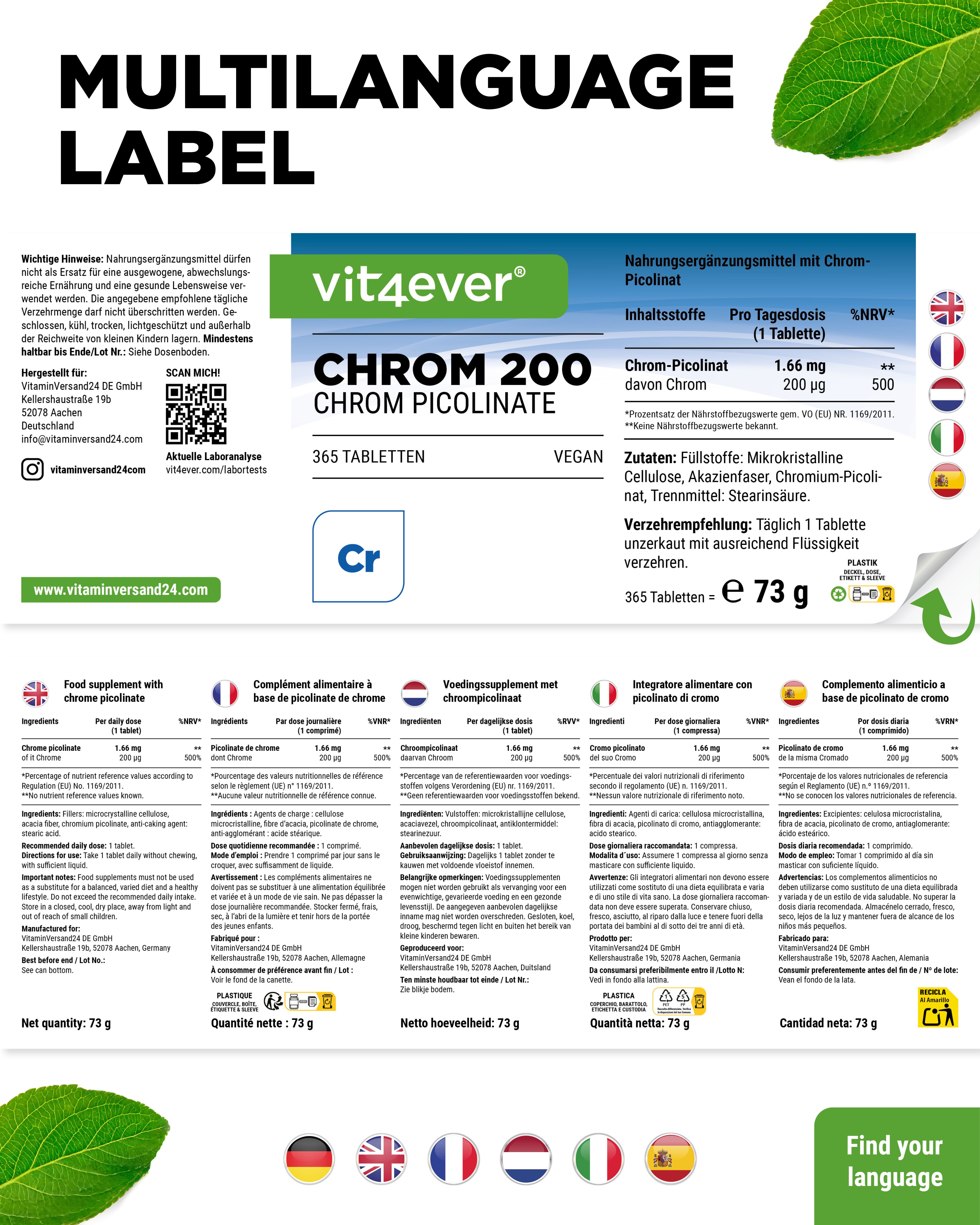 Vit4ever Chrom 200 Picolinat: Mehrsprachige Etiketten, 365 Tabletten, 200 mcg Chrom, 73g Nettogewicht.