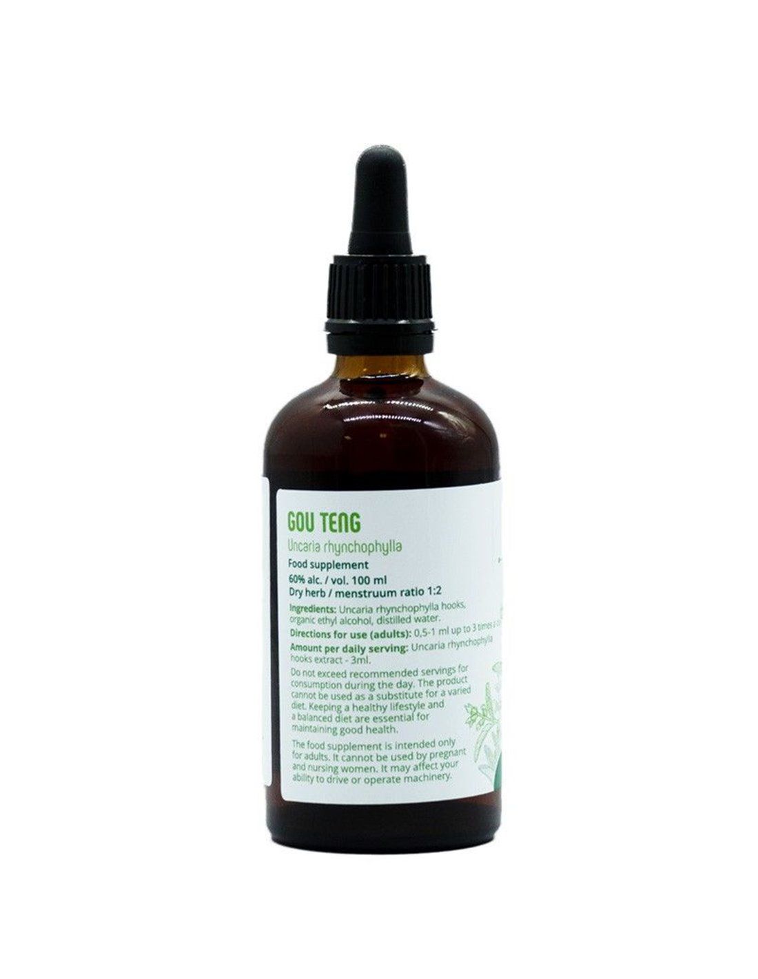 Braune Glasflasche mit schwarzem Tropfer. Etikett mit Produktinformationen und Text. "Lymeherbs Gou Teng Tinktur".