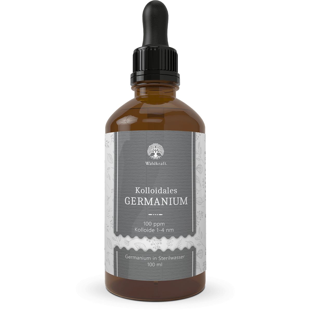 Braune Glasflasche mit schwarzem Tropfer. Auf dem Etikett steht "Kolloidales Germanium" und "100 ppm".