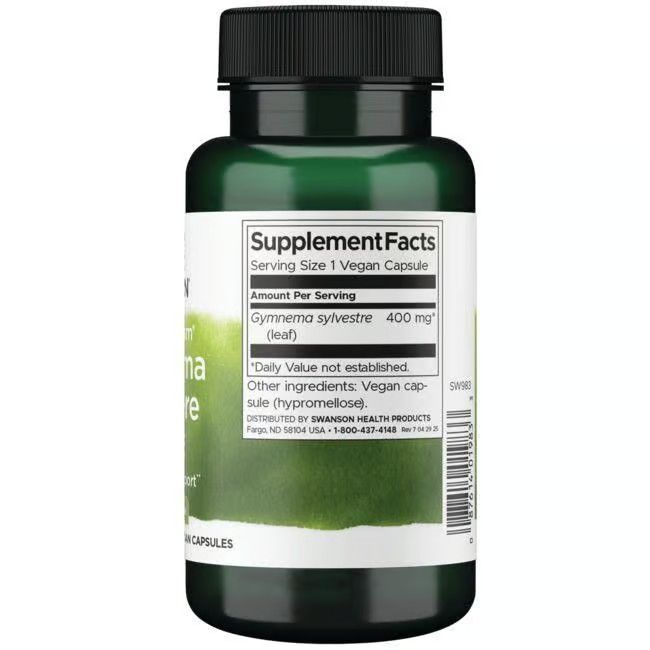 Rückseite der grünen Flasche. Aufschrift: Supplement Facts, Gymnema sylvestre 400 mg, vegane Kapsel (Hypromellose).