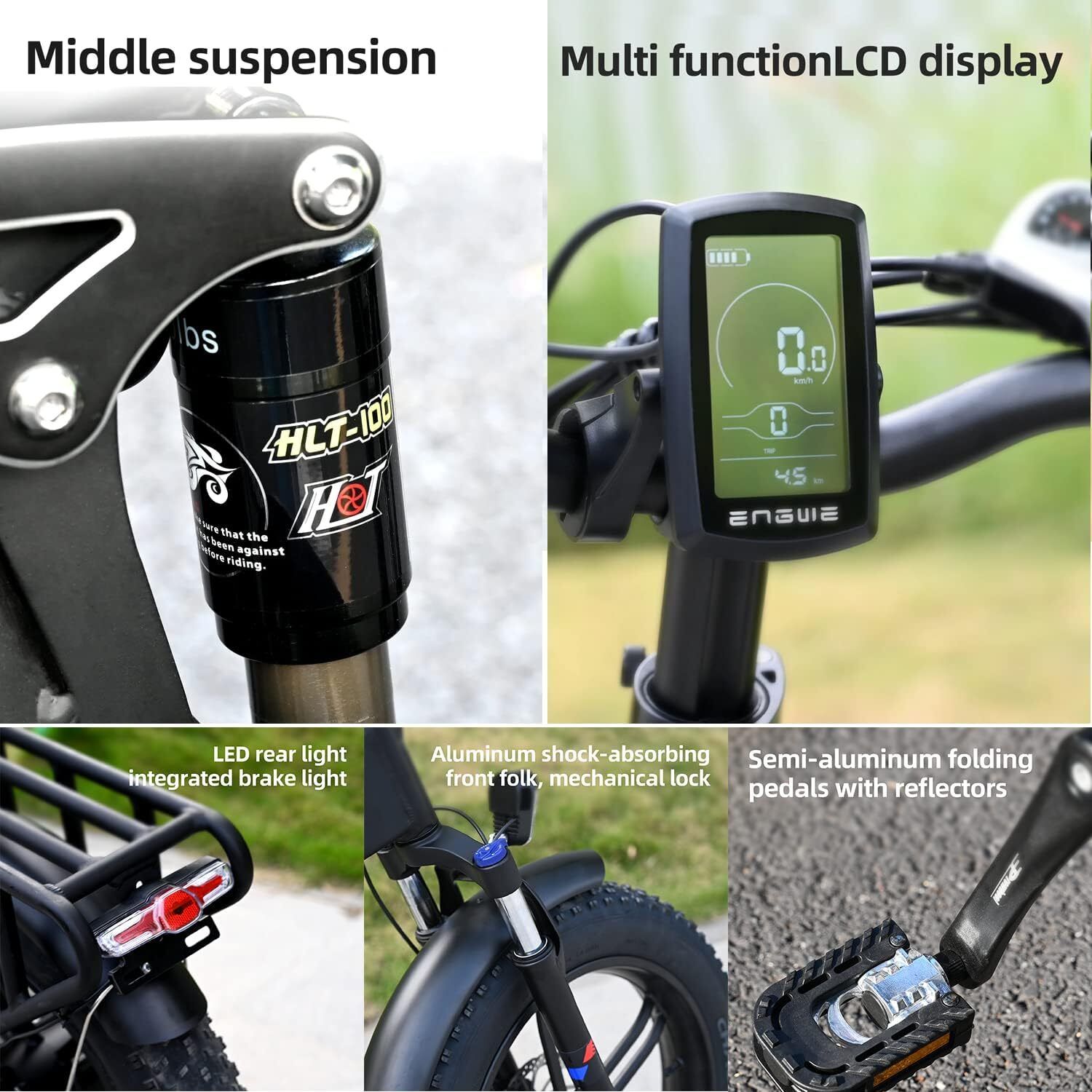 Nahaufnahmen von Fahrradkomponenten: Federung, LCD-Display, Rücklicht, Vorderradgabel, Pedale.